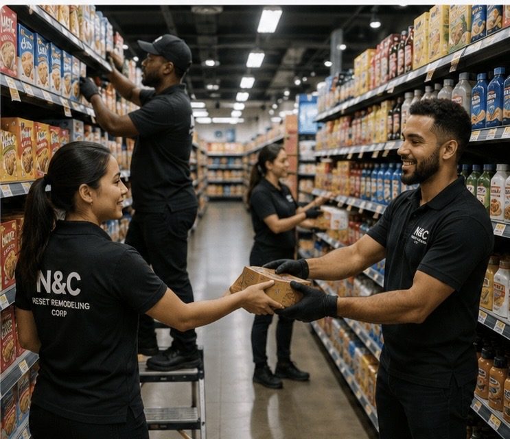 N&C Reset Remodeling crew handling product transitions and shelf preparation in a supermarket aisle