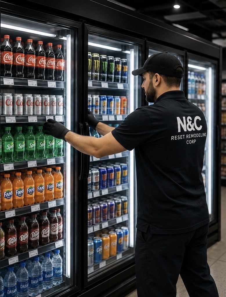 N&C Reset Remodeling crew member stocking a beverage cooler in a supermarket