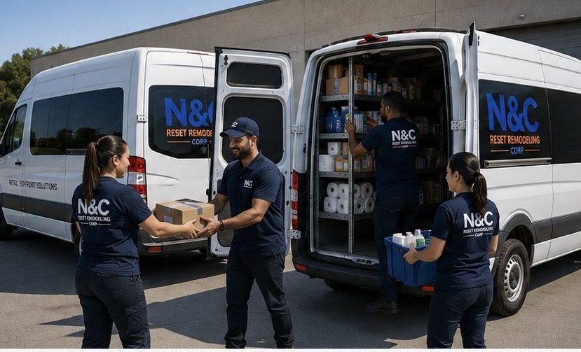 N&C Reset Remodeling labor crew loading supplies from a branded company van for a project